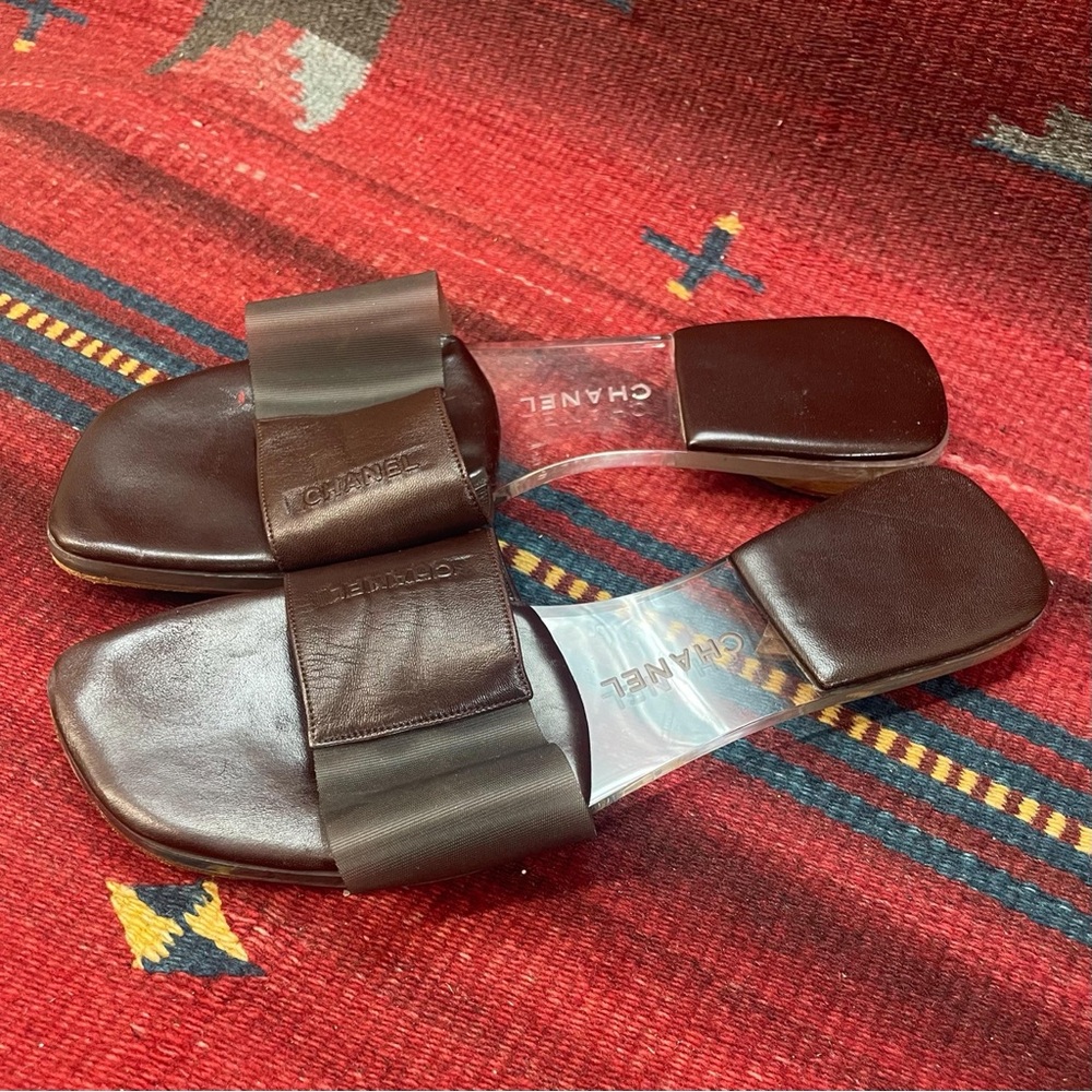 Vintage CHANEL Brown and Lucite Leather Slide Sandals EU 39.5 / US Sz 8.5 - 9